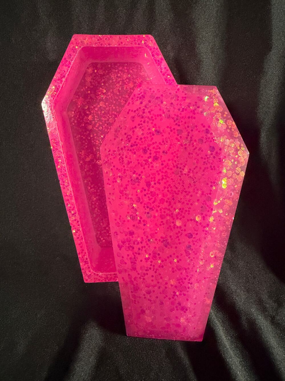 Neon Pink Glitter Coffin Trinket Box – Handmade Resin Halloween Decor